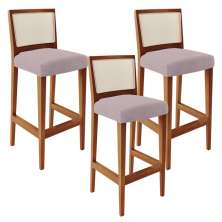 Kit 03 Banquetas Alta Para Cozinha Encosto em Tela Branco Zion L02 Suede Rosê - Lyam Decor