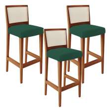 Kit 03 Banquetas Alta Para Cozinha Encosto em Tela Branco Zion L02 Suede Verde Musgo - Lyam Decor