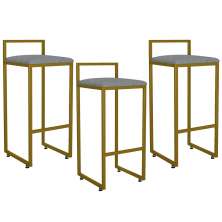 Kit 03 Banquetas Alta Para Cozinha Sala De Jantar Hanna L02 Dourado Linho Cinza Escuro - Lyam Decor