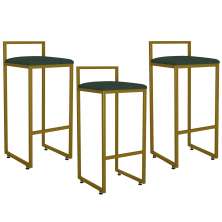 Kit 03 Banquetas Alta Para Cozinha Sala De Jantar Hanna L02 Dourado Linho Verde Musgo - Lyam Decor