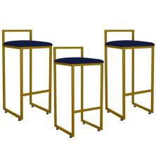 Kit 03 Banquetas Alta Para Cozinha Sala De Jantar Hanna L02 Dourado Suede Azul Marinho - Lyam Decor