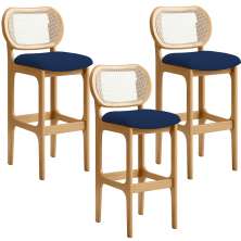 Kit 03 Banquetas Altas Para Cozinha Bancada Sala Tela Betta Fixa L02 Suede Azul Marinho - Lyam