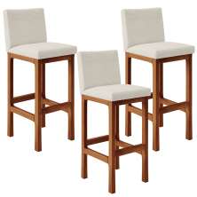 Kit 03 Banquetas Altas Para Cozinha Sala De Jantar Fixa Alya L02 Linho Champagne - Lyam Decor