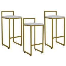 Kit 03 Banquetas Altas Para Cozinha Sala De Jantar Hanna L02 Dourado Linho Cinza - Lyam Decor