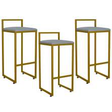 Kit 03 Banquetas Altas Para Cozinha Sala De Jantar Hanna L02 Dourado Suede Cinza - Lyam Decor
