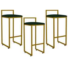 Kit 03 Banquetas Altas Para Cozinha Sala De Jantar Hanna L02 Dourado Suede Verde Musgo - Lyam Decor