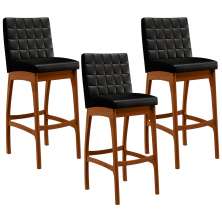 Kit 03 Banquetas Altas Para Cozinha Sala de Jantar Fixa Mila B04 Couríssimo Preto - Lyam Decor