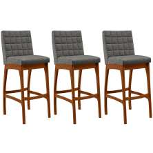 Kit 03 Banquetas Altas Para Cozinha Sala de Jantar Fixa Mila B04 Linho Cinza Escuro - Lyam Decor
