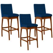 Kit 03 Banquetas Altas Para Cozinha Sala de Jantar Fixa Mila B04 Suede Azul Marinho - Lyam Decor