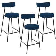 Kit 03 Banquetas Baixa Bar Cozinha Sala De Jantar Em Aço Milão L02 Suede Azul Marinho - Lyam Decor