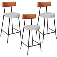 Kit 03 Banquetas Baixa Bar Cozinha Sala Jantar Milão L02 Couríssimo Camel Linho Cinza  - Lyam Decor