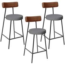Kit 03 Banquetas Baixa Cozinha Jantar Milão L02 Couríssimo Marrom Linho Cinza Escuro - Lyam Decor