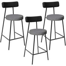 Kit 03 Banquetas Baixa Cozinha Jantar Milão L02 Couríssimo Preto Linho Cinza Escuro - Lyam Decor