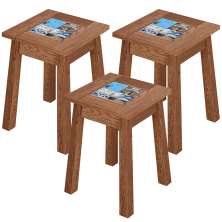 Kit 03 Banquetas Baixas De Madeira Maciça Pinus Rústica Com Cerâmica Vintage W02 Imbuia - Lyam Decor