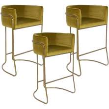 Kit 03 Banquetas Decorativa Fixa Base de Aço Bronze Betina D02 Veludo Mostarda C-260 - Lyam Decor