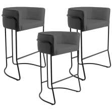 Kit 03 Banquetas Decorativas Fixa Base de Aço Preto Betina D02 Corano Cinza C-03 - Lyam Decor