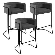 Kit 03 Banquetas Decorativas Fixa Base de Aço Preto Betina D02 Linho Cinza C-416 - Lyam Decor
