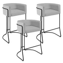 Kit 03 Banquetas Decorativas Fixa Base de Aço Preto Betina D02 Linho Cinza D-315 - Lyam Decor