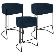 Kit 03 Banquetas Decorativas Fixa Base de Aço Preto Betina D02 Veludo Azul Oxford C-304 - Lyam Decor