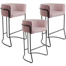 Kit 03 Banquetas Decorativas Fixa Base de Aço Preto Betina D02 Veludo Rosê C-305 - Lyam Decor