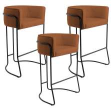 Kit 03 Banquetas Decorativas Fixa Base de Aço Preto Betina D02 Veludo Telha C-262 - Lyam Decor