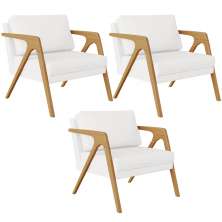 Kit 03 Poltrona Decorativa Para Sala Pietra Estrutura De Madeira L02 Corano Branco - Lyam Decor