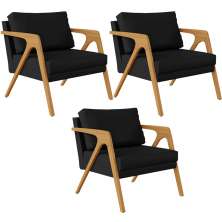 Kit 03 Poltrona Decorativa Para Sala Pietra Estrutura De Madeira L02 Corano Preto - Lyam Decor