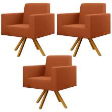 Kit 03 Poltronas Decorativa Base Giratória de Madeira Helô L02 Tecido Terracota - Lyam Decor