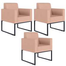Kit 03 Poltronas Decorativa Para Sala E Recepção Base Fixa De Metal Helô L02 Linho Rosê - Lyam Decor