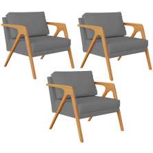 Kit 03 Poltronas Decorativa Para Sala Estar Pietra Estrutura De Madeira L02 Suede Cinza - Lyam Decor
