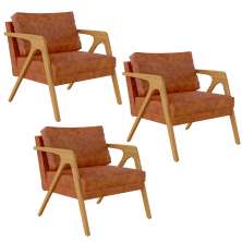 Kit 03 Poltronas Decorativa Para Sala Pietra Estrutura De Madeira L02 Couríssimo Camel - Lyam Decor