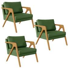 Kit 03 Poltronas Decorativa Sala Pietra Com Estrutura Madeira L02 Facto Verde Musgo - Lyam Decor