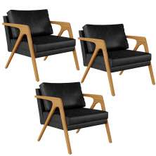 Kit 03 Poltronas Decorativa Sala Pietra Estrutura Madeira L02 Couríssimo Preto Brilho - Lyam Decor