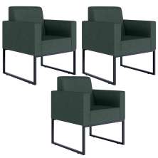 Kit 03 Poltronas Decorativa Sala Recepção Base Fixa De Metal Helô L02 Linho Verde Musgo - Lyam Decor