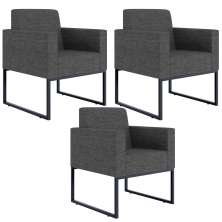 Kit 03 Poltronas Decorativa Sala e Recepção Base Fixa Metal Helô L02 Linho Cinza Escuro - Lyam Decor