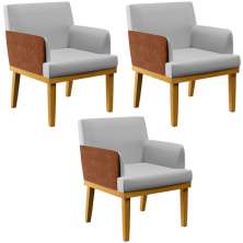 Kit 03 Poltronas Decorativas Para Sala Estar Beatriz W01 Linho Cinza Couríssimo Camel - Lyam Decor