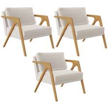 Kit 03 Poltronas Decorativas Para Sala Estar Pietra Estrutura De Madeira L02 Linho Cru - Lyam Decor