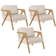 Kit 03 Poltronas Decorativas Para Sala Estar Pietra Estrutura De Madeira L02 Suede Bege - Lyam Decor
