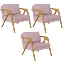 Kit 03 Poltronas Decorativas Para Sala Estar Pietra Estrutura De Madeira L02 Suede Rosê - Lyam Decor