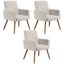 Kit 03 Poltronas Decorativas Para Sala Estar e Recepção Maria W01 Pés Palito Linho Cru - Lyam Decor