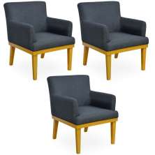 Kit 03 Poltronas Decorativas Para Sala de Estar Beatriz W01 Linho Chumbo - Lyam Decor