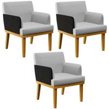 Kit 03 Poltronas Decorativas Para Sala de Estar Beatriz W01 Linho Cinza Couríssimo Preto - Lyam Decor