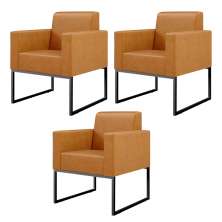 Kit 03 Poltronas Decorativas Sala Base fixa Metal Helô L02 Couríssimo Whisky - Lyam Decor