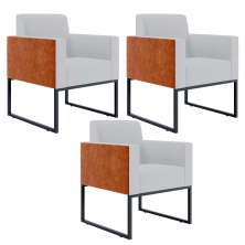 Kit 03 Poltronas Decorativas Sala Base fixa Metal Helô L02 Linho Cinza Couríssimo Camel - Lyam Decor