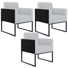 Kit 03 Poltronas Decorativas Sala Base fixa Metal Helô L02 Linho Cinza Couríssimo Preto - Lyam Decor