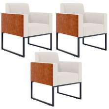 Kit 03 Poltronas Decorativas Sala Base fixa Metal Helô L02 Linho Cru Couríssimo Camel - Lyam Decor