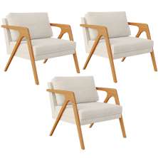 Kit 03 Poltronas Decorativas Sala Estar Pietra Estrutura De Madeira L02 Linho Champagne - Lyam Decor