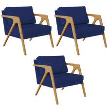 Kit 03 Poltronas Decorativas Sala Pietra Estrutura De Madeira L02 Suede Azul Marinho - Lyam Decor
