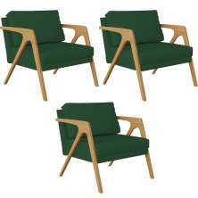 Kit 03 Poltronas Decorativas Sala Pietra Estrutura De Madeira L02 Suede Verde Musgo - Lyam Decor