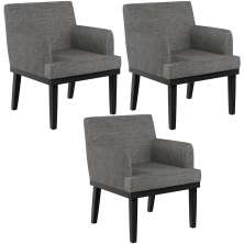 Kit 03 Poltronas Decorativas Sala de Estar Base Preto Beatriz W01 Linho Cinza Escuro - Lyam Decor